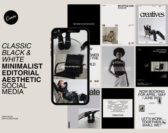 Classic Black and White Editorial Modern Minimalist Aesthetic Social Media | 90 Instagram Templates Neutral Colors | Editable Canva Template