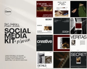 Dark Academia Meets Modern Aesthetic Social Media Kit | 150 Instagram Templates | Maroon Accent Neutral Colors | Editable Canva Template