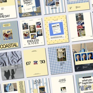 May include: A selection of magazine covers and portfolio layouts with a coastal summer theme. Designs feature blue and white stripes, gingham patterns, and photographs. Text includes "Coastal," "Endless Summer," and "Inspo of the Day."