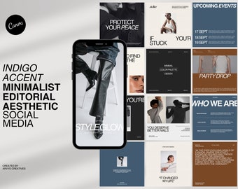 150 Editorial Modern Minimalist Aesthetic Instagram Post Template | Indigo Accent Neutral Colors | Editable Canva Template