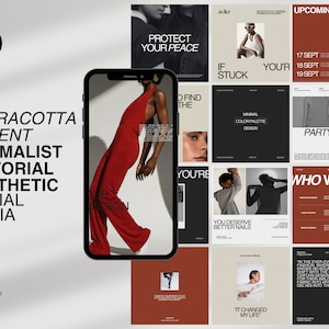 May include: A collection of social media templates with a terracotta color scheme. The templates feature minimalist designs with text such as "Protect Your Peace", "If Stuck", "You're", "You Deserve Better Nails", "Party Drop", and "Who We Are".