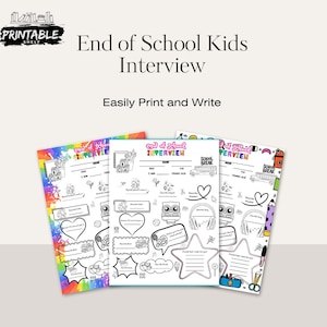 Hoja imprimible de entrevistas para niños al final del curso, inicio del verano, preguntas, profesor, último día, recuerdo de repaso del año, diario "Acerca de mí"
