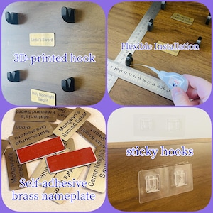 May include: A collage showcasing various mounting solutions. Includes 3D-printed black hooks, self-adhesive brass nameplates, and clear sticky hooks. The image also shows a ruler for flexible installation. Text on the image includes "3D-printed hook", "Flexible Installation", "Self-adhesive brass nameplate", and "sticky hooks".