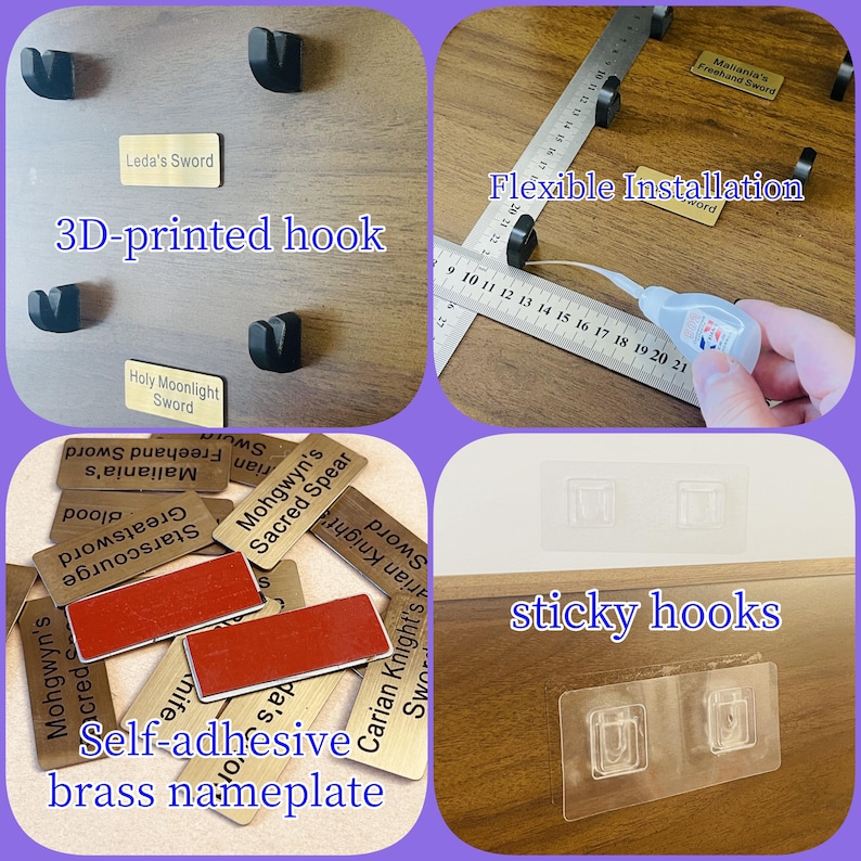 May include: A collage showcasing various mounting solutions. Includes 3D-printed black hooks, self-adhesive brass nameplates, and clear sticky hooks. The image also shows a ruler for flexible installation. Text on the image includes "3D-printed hook", "Flexible Installation", "Self-adhesive brass nameplate", and "sticky hooks".