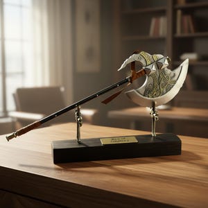 Puede incluir: Hacha de Godfrey decorativa con una hoja plateada y detalles dorados intrincados. El hacha presenta un mango largo negro con un agarre de cuero marrón y se exhibe sobre un soporte de madera con una placa dorada.