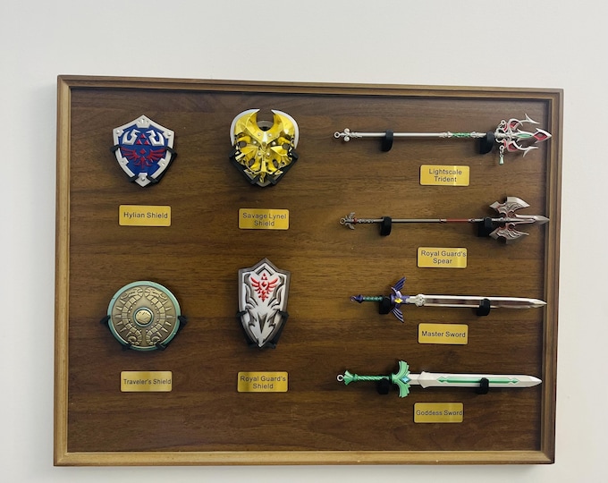 Zelda Weapons & Shields Display – Custom 3D Printed Miniatures, Engraved Nameplates