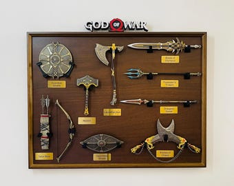 God of War Inspired Weapons Collection Framed Wall Art - Kratos Leviathan Axe, Blades of Chaos, Mjolnir & Spear Miniature Display