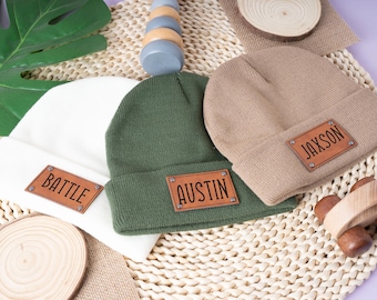 Personalized Baby Beanie, Custom Engraved Leather Patch, Winter Knit Hat