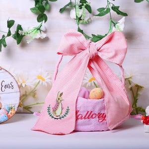Juego de lazos para canasta de Pascua: forro de sirsaca y fajín de cuadros vichy, diseño bordado personalizado para niños, niñas y celebraciones de Pascua