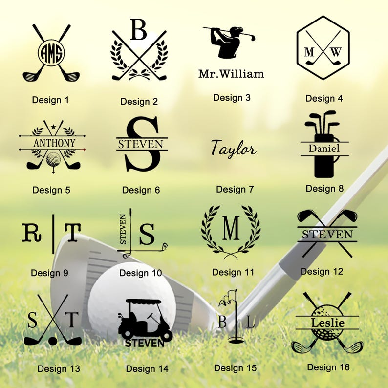 Puede incluir: Una colecci&oacute;n de 16 dise&ntilde;os diferentes con tem&aacute;tica de golf para personalizar. Los dise&ntilde;os presentan varias combinaciones de palos de golf, pelotas de golf, carritos de golf e iniciales. Los dise&ntilde;os se muestran sobre un fondo blanco con texto negro.