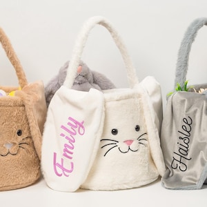 名前が刺繍されたふわふわのイースター収納バスケット - 幼児向けぬいぐるみバニーエッグハントキット、断熱トリートバケツ、春のギフトバッグセット