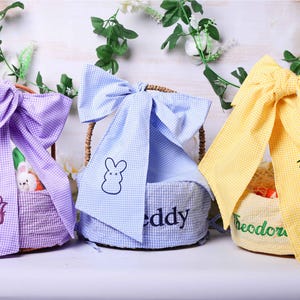 Juego de lazos para canastas de Pascua personalizados: forro de sirsaca y fajín de cuadros vichy para niños, niñas y regalos de Pascua, diseño bordado personalizado