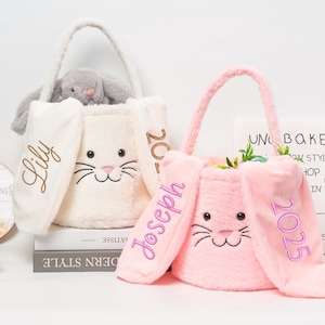 Bestickter Osterkorb für Kinder - Weicher Plüschhasen-Eimer mit Namen, wiederverwendbare Eiersuchetasche & Pastellfrühlingsgeschenk-Accessoires