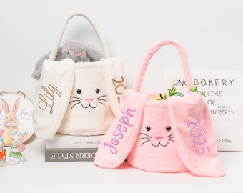 Custom Embroidered Plush Bunny Easter Basket: Personalized Egg Hunt Bag