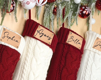 Engraved Leather Patch Christmas Stocking: Personalized Cable Knit Decor
