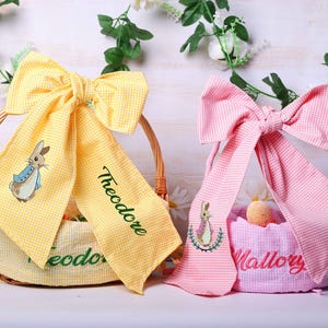 Lazos de cesta de Pascua personalizados: combinación de forro de sirsaca y fajín de cuadros vichy, bordados para niños, niñas y regalos de Pascua