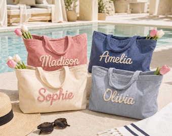 Personalized Corduroy Tote Bag, Custom Rope Name with Crochet Charm, Bridesmaid Gift, Teacher Gift, Summer Beach Shoulder Bag