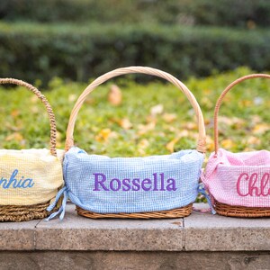 パーソナライズされたイースターバスケットライナーのみ - 名前刺繍入りシアサッカー生地、男の子と女の子用のモノグラム入りバニートート、バスケットなし