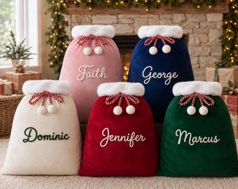 Large Personalized Christmas Gift Bag, Custom Name Santa Sack with Pom Poms, Reusable Holiday Present Bag for Kids and Family
