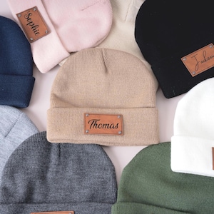 Personalized Baby Beanie with Name,Custom Engraved Leather Patch,Baby Kids Child Baby Newborn Beanie,Baby Shower Gift,Christmas Baby Hat