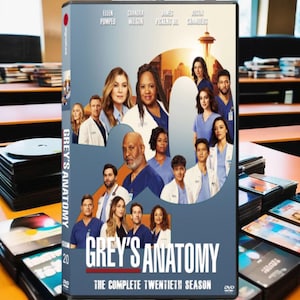 May include: DVD box set for the 20th season of Grey's Anatomy. The cover features a collage of the main cast members, including Ellen Pompeo, Chandra Wilson, James Pickens Jr., and Justin Chambers. The title "Grey's Anatomy" is prominently displayed in red and white text, with the subtitle "The Complete Twentieth Season" in smaller white text.