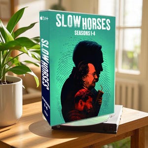 May include: A blue and green DVD case with the title "Slow Horses" and the text "Seasons 1-4" on the front. The case features a silhouette of two men in profile.