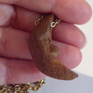 vintage hand-carved teak crescent moon with face pendant necklace
