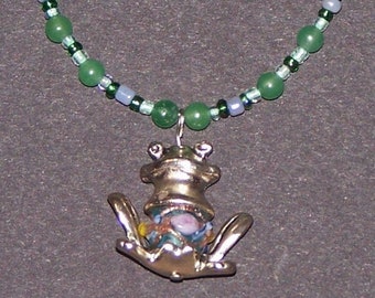 beaded green necklace with frog & lampwork pendant