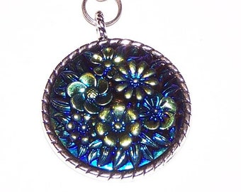 metallic blue and green floral key ring