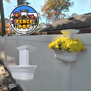 May include: White fence-mounted flower pots filled with yellow flowers. The pots are attached to a white fence. The image includes a logo that says "Fence Pot" with flowers and a pot design.