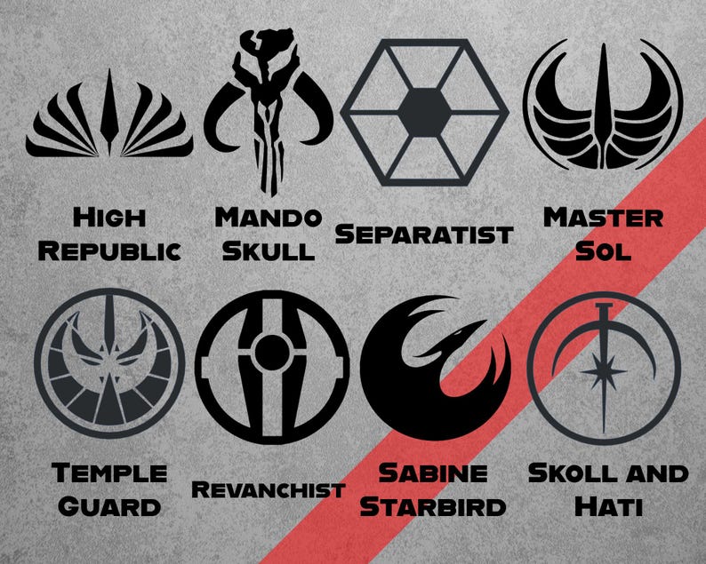 May include: A gray background features eight black logos with text. The logos include "High Republic," "Mando Skull," "Separatist," "Master Sol," "Temple Guard," "Revanchist," "Sabine Starbird," and "Skoll and Hati."