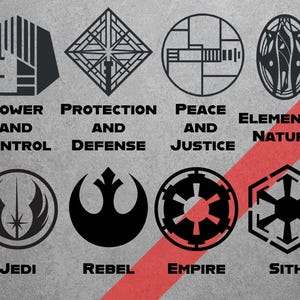 May include: A gray background features eight black graphic symbols with text. The symbols include geometric shapes and emblems, each representing concepts like "Power and Control," "Protection and Defense," and "Jedi." A red diagonal stripe crosses the image.