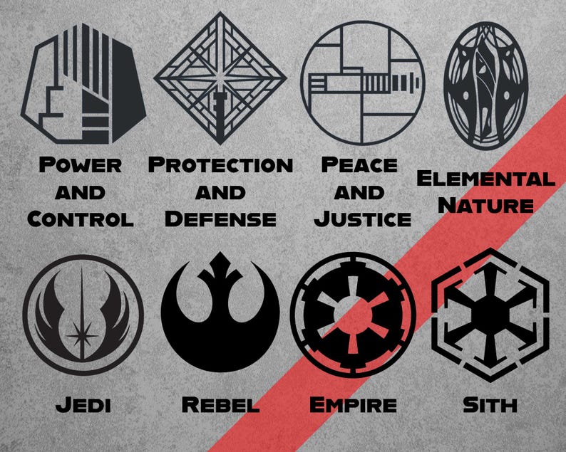May include: A gray background features eight black graphic symbols with text. The symbols include geometric shapes and emblems, each representing concepts like "Power and Control," "Protection and Defense," and "Jedi." A red diagonal stripe crosses the image.
