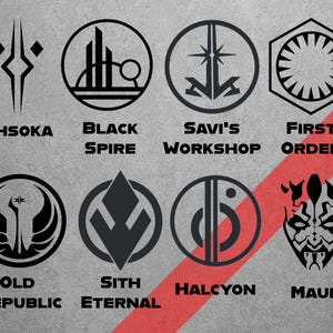 May include: A collection of eight black and white logos with text, including "Ahsoka," "Black Spire," and "First Order." The logos are circular, geometric, and stylized, set against a gray background with a red diagonal stripe.