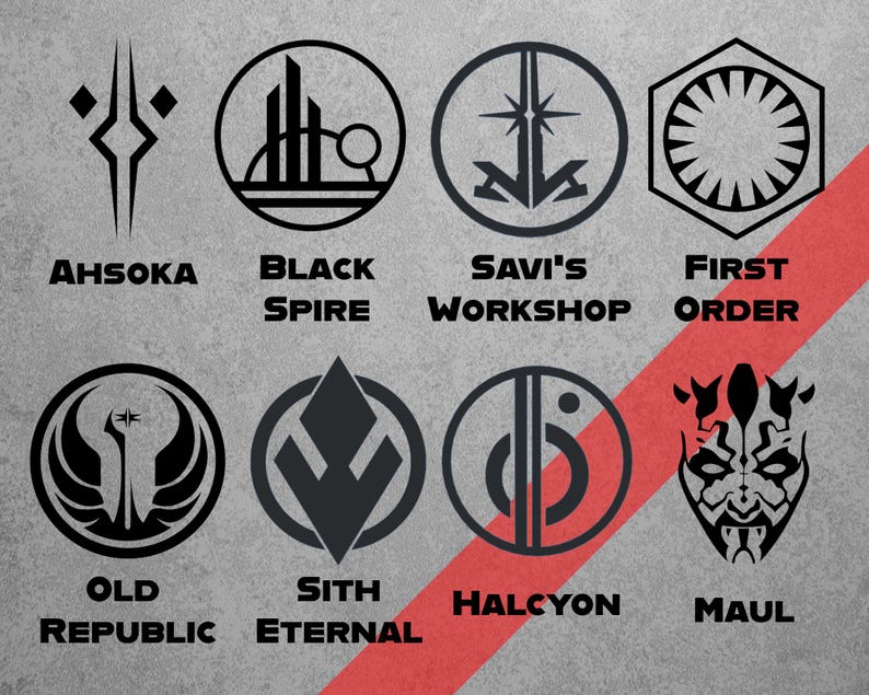 May include: A collection of eight black and white logos with text, including "Ahsoka," "Black Spire," and "First Order." The logos are circular, geometric, and stylized, set against a gray background with a red diagonal stripe.