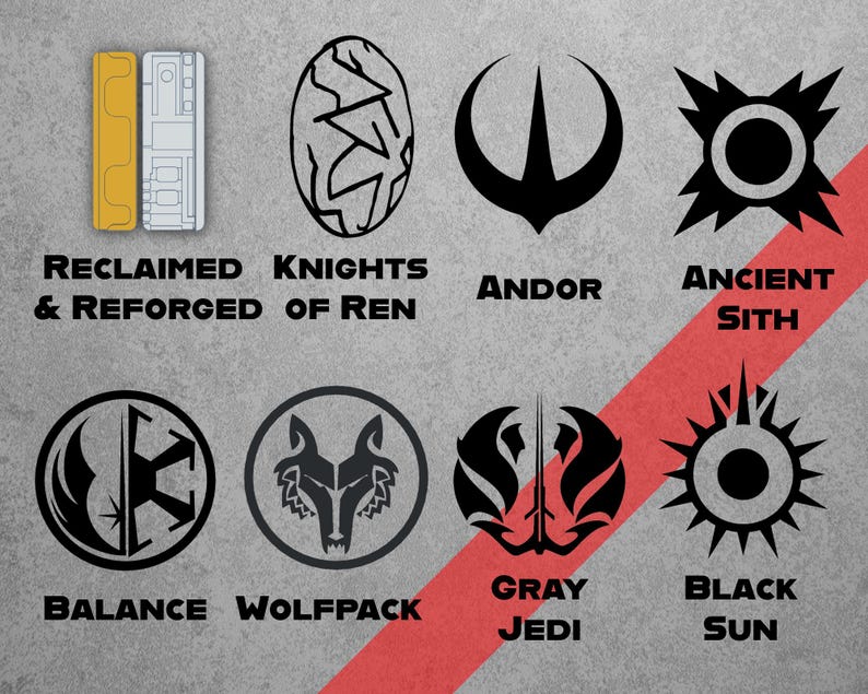May include: A graphic design featuring eight black and white symbols with text labels. The symbols include designs for "Reclaimed & Reforged of Ren", "Andor", "Ancient Sith", "Balance", "Wolfpack", "Gray Jedi", and "Black Sun". A red diagonal stripe divides the image.