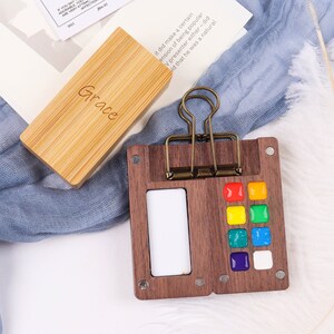 Paleta de acuarela de madera personalizada, regalos de pintura portátiles de viaje, mini caja de pintura de acuarela, paleta de 8 colores, paleta de suministros de pintura