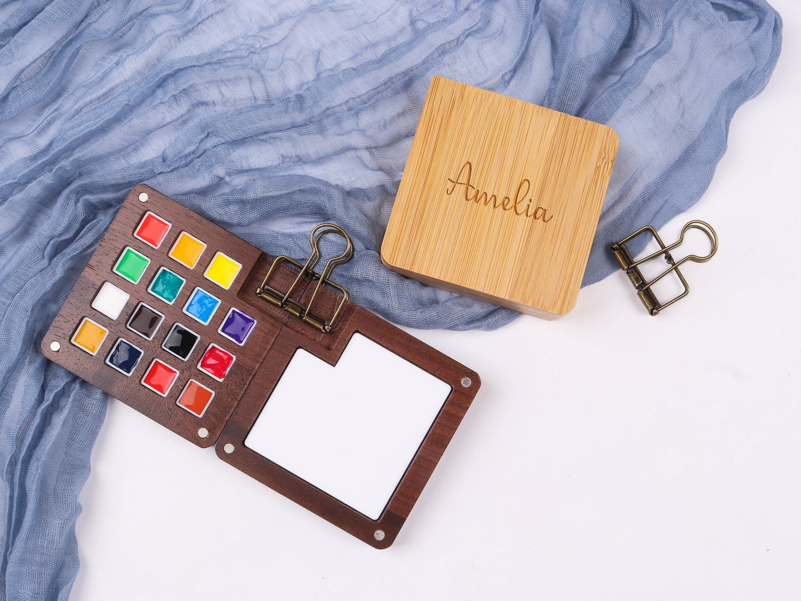 Personalized Wooden Watercolor Small Palette, Mini Watercolor Paint Box, Travel Portable Painting Supplies,Wooden Palette 15 Colors,Gift