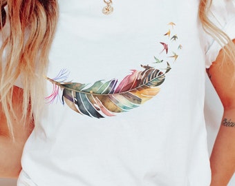 Watercolor Feather Birds Shirt, Feather Symbolism Tee, Freedom Shirt, Colorful Bird Shirt, Spiritual Shirt, Spirituality, Flying Birds Shirt