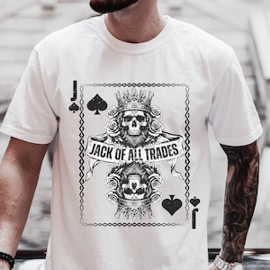 Camiseta "Aprendiz de todo", camiseta de naipes para hombre, camiseta de la carta "Jota de picas", camiseta de esqueleto del rey, camiseta de trabajo para hombre, camiseta con gráfico genial de calavera del rey