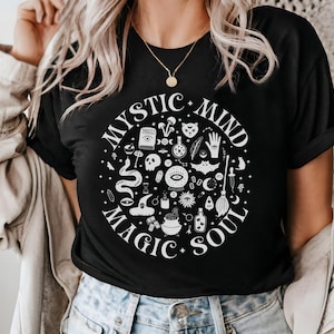 Mystic Mind Magic Soul Shirt, Witchy Boho Shirt, Mystical Cat & Astrology Symbols Tee, Spiritual Esoteric Tee, Celestial Occult Shirt