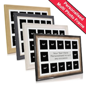 May include: A set of four multi-photo frames in different colours: natural wood, grey, white, and distressed brown. Each frame holds 16 4x4 inch photos. The frames are made of wood and have a simple, classic design. The text "Your Text Here Personalised to suit any occasion" is printed on the bottom of the distressed brown frame.