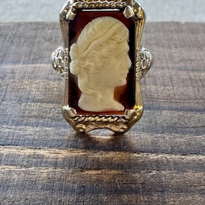 Art Deco Carved Cameo Ring Filigree 14k White Gold A&S