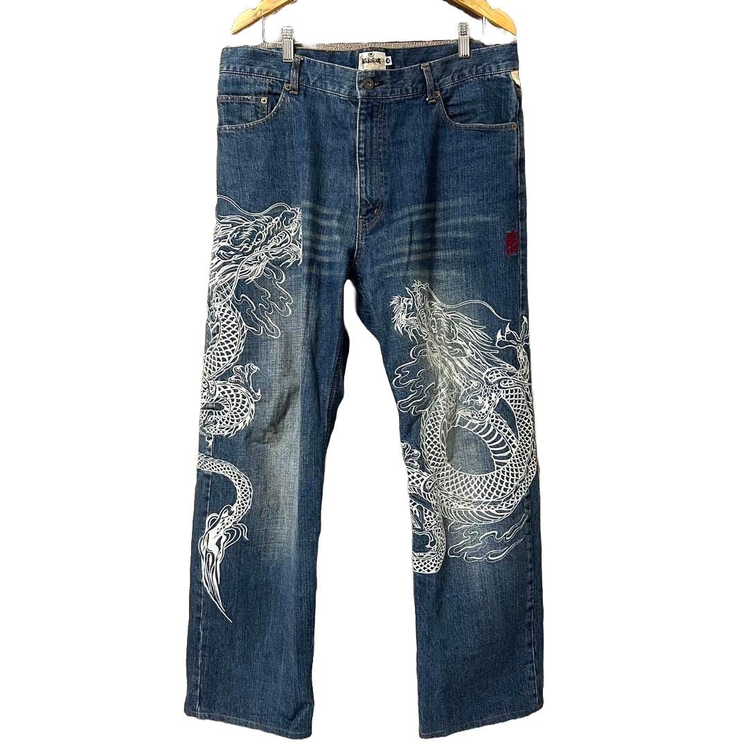Tangled Soul 絡繰魂 38" waist blue jeans white dragon embroidered straight leg Japanese denim jeans women's men's size 38 inch from Japan mc