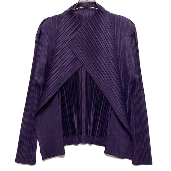 PLEATS PLEASE indigo metallic pleated cardigan purple issey miyake jacket lapel wrinkled shirt Japanese women's size 3 M medium Japan tf