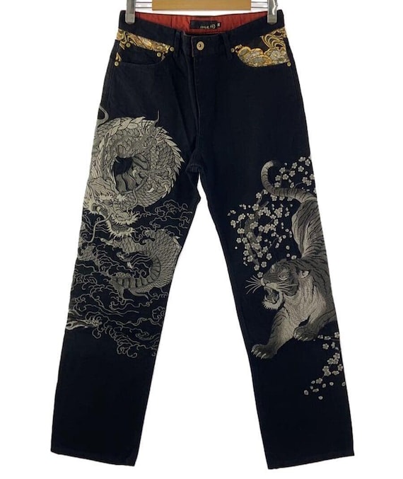 Tangled Soul 絡繰魂 Long Blue Jeans Dragon Vs Tiger Pattern