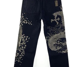 Tangled Soul 絡繰魂 Long Blue Jeans Dragon Vs Tiger Pattern