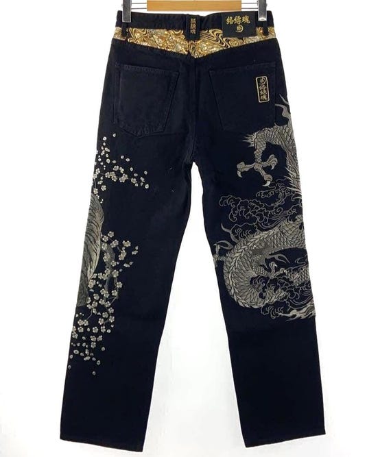 Tangled Soul 絡繰魂 Long Blue Jeans Dragon Vs Tiger Pattern