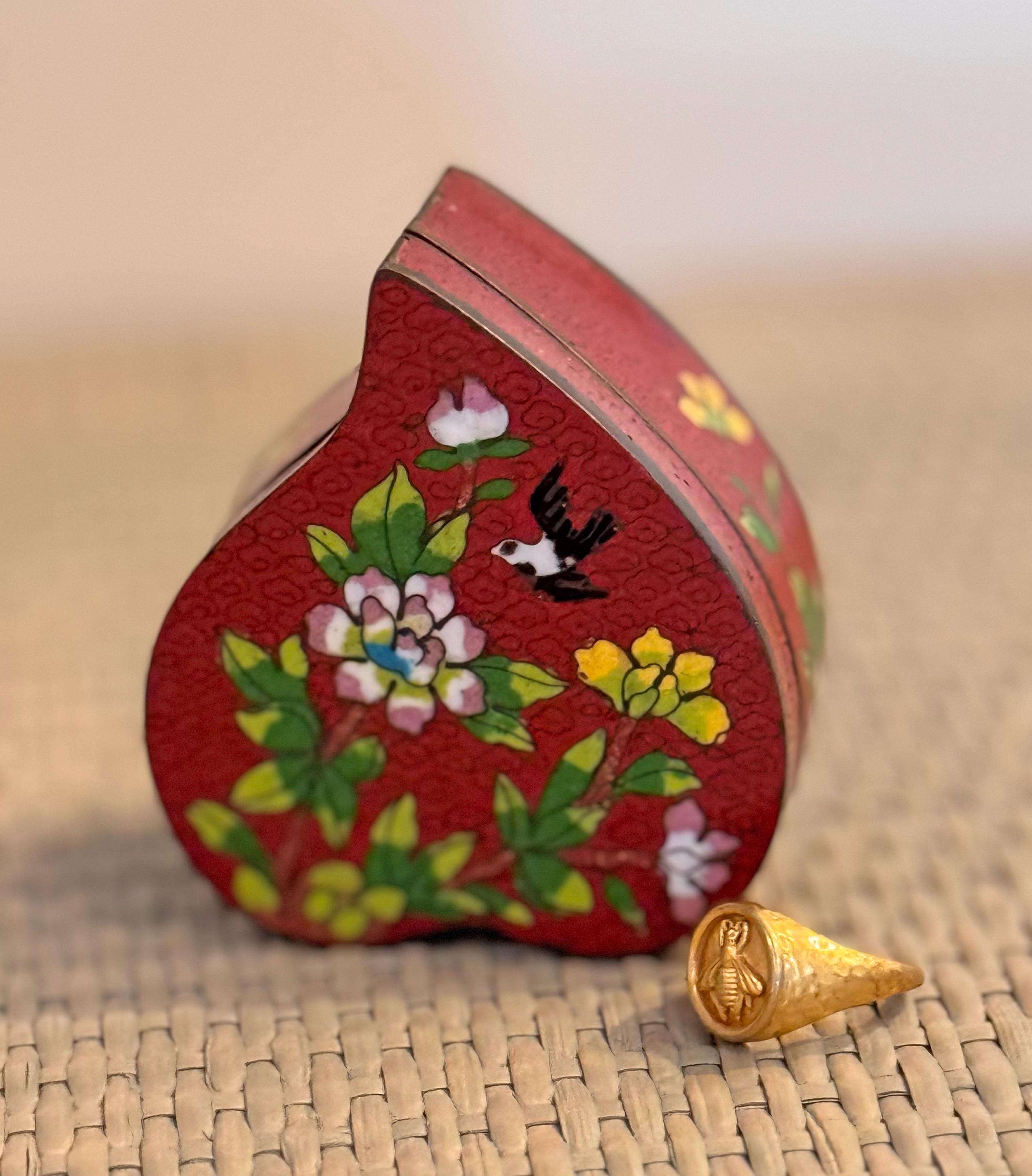 Vintage Cloisonné Heart Trinket Box | Bird and Flower Motif | Enamel and Copper | Aqua Blue Interior | Perfect Birthday or Anniversary Gift