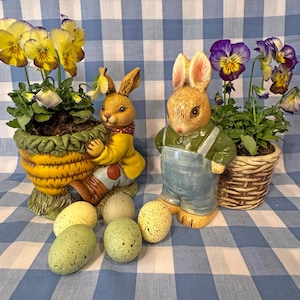 Bunny Rabbit Planter Flower Pots | Peter Rabbit | Your Choice of 2 | Vintage Ceramic | Spring + Summer Decor | Anthropomorphic Rabbits